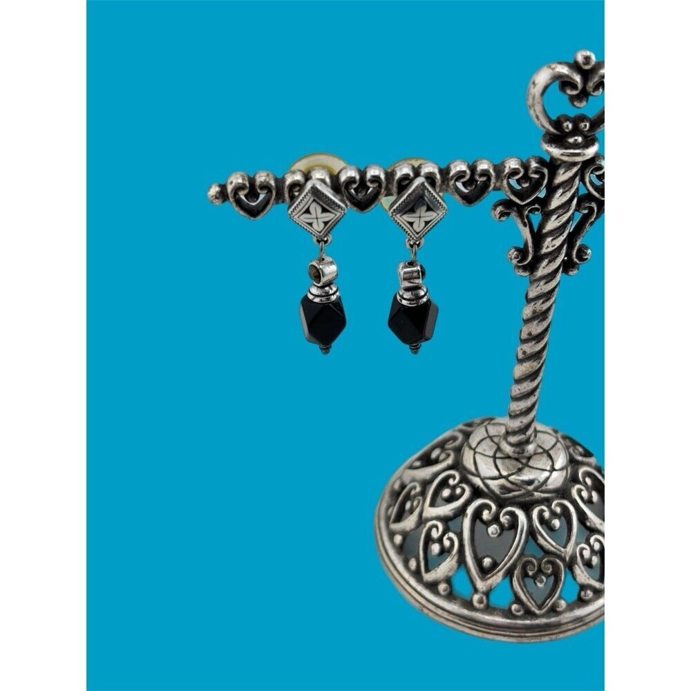 Brighton Black Onyx Crystal Silver Plate Cross Pattern Dangle Post Earrings VTG.
